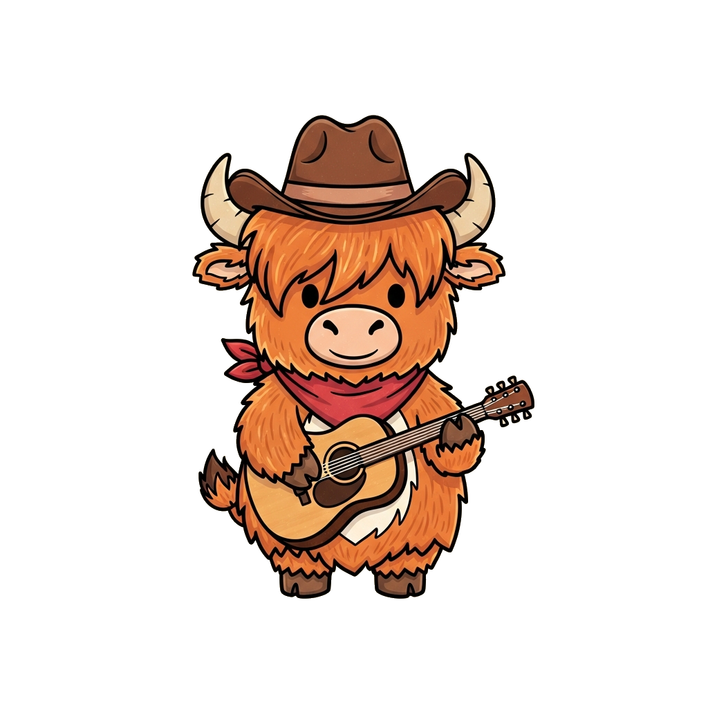 Odie in a cowboy hat strumming a guitar