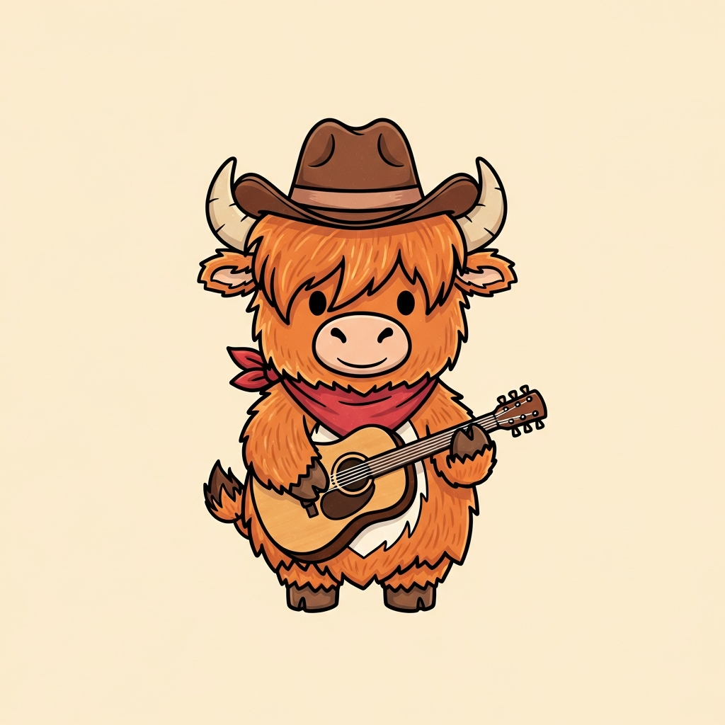 Odie in a cowboy hat strumming a guitar