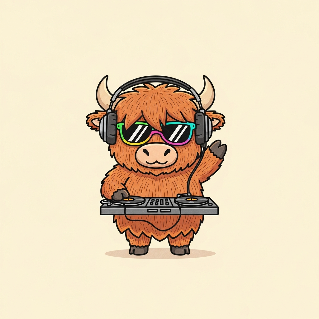 Odie as a DJ with headphones and neon shades