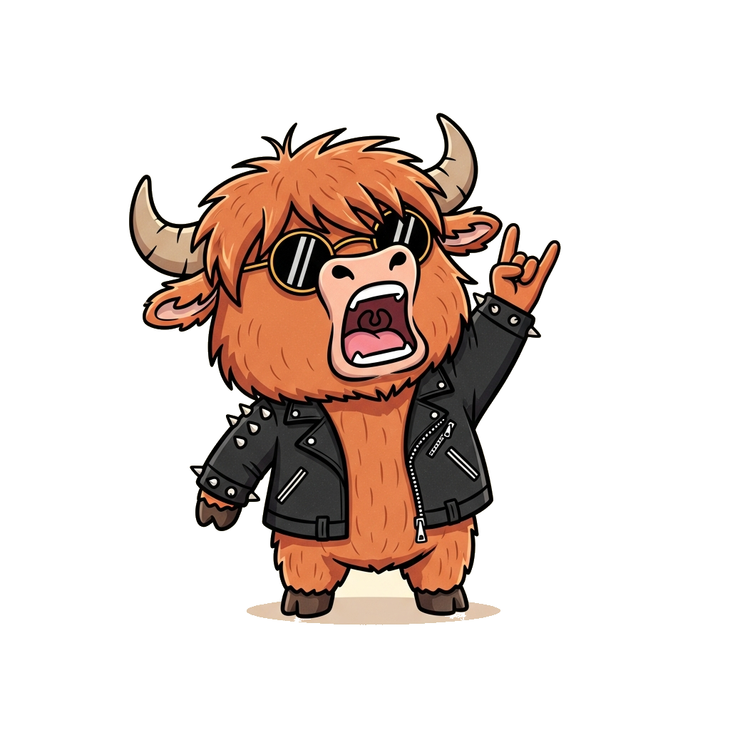 Odie in a studded leather jacket throwing rock horns