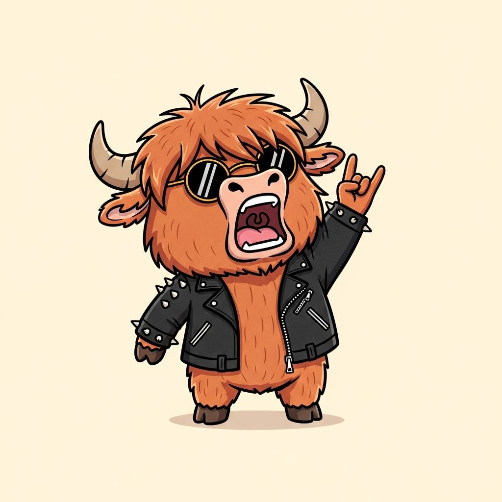 Odie in a studded leather jacket throwing rock horns